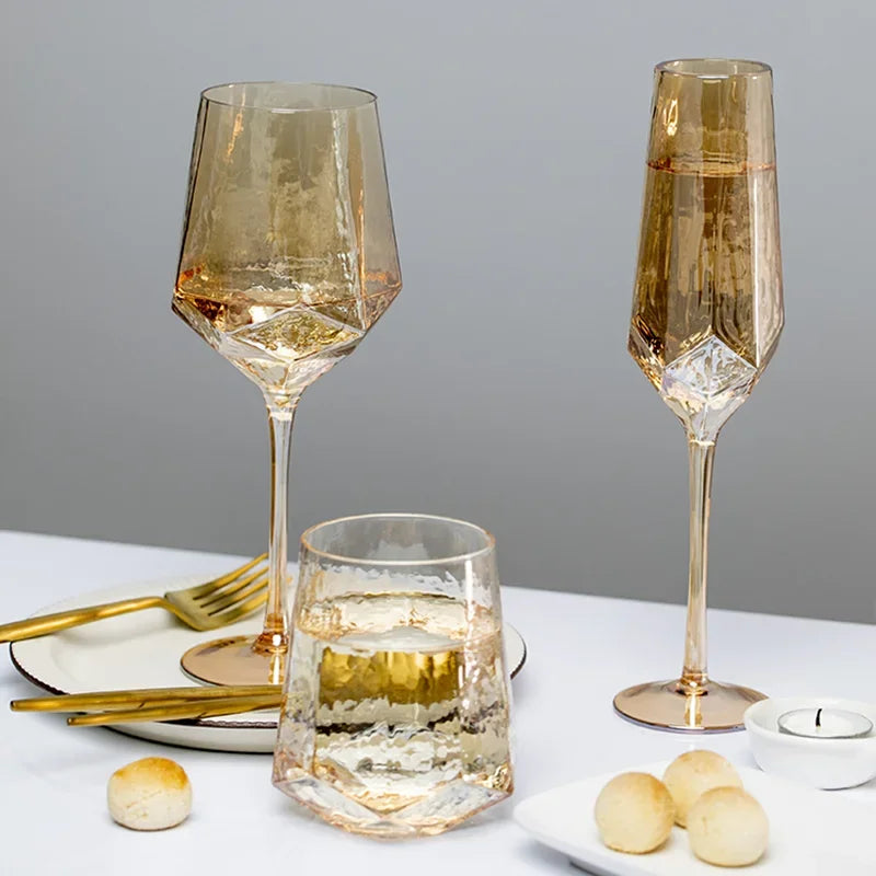 Cálice de champanhe sem chumbo, copos de vinho coloridos, cristal, diamante martelado, copo de uísque, norte da Europa luxo, âmbar dourado, casa