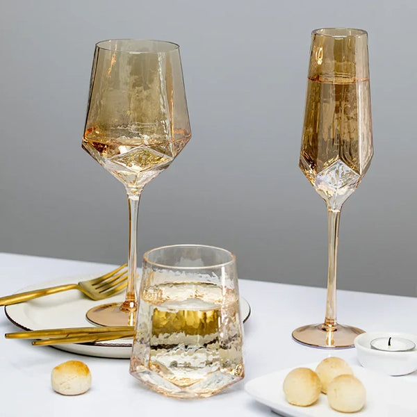 Cálice de champanhe sem chumbo, copos de vinho coloridos, cristal, diamante martelado, copo de uísque, norte da Europa luxo, âmbar dourado, casa