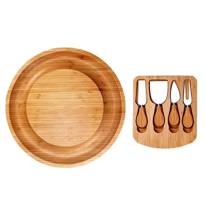 Bandeja para Frios com 4 Utensílios em Madeira Bambu