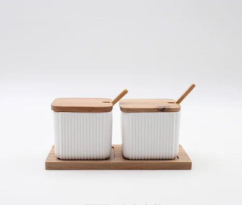 Conjunto Potes de Cerâmica e Madeira para Temperos - 2 ou 3pcs