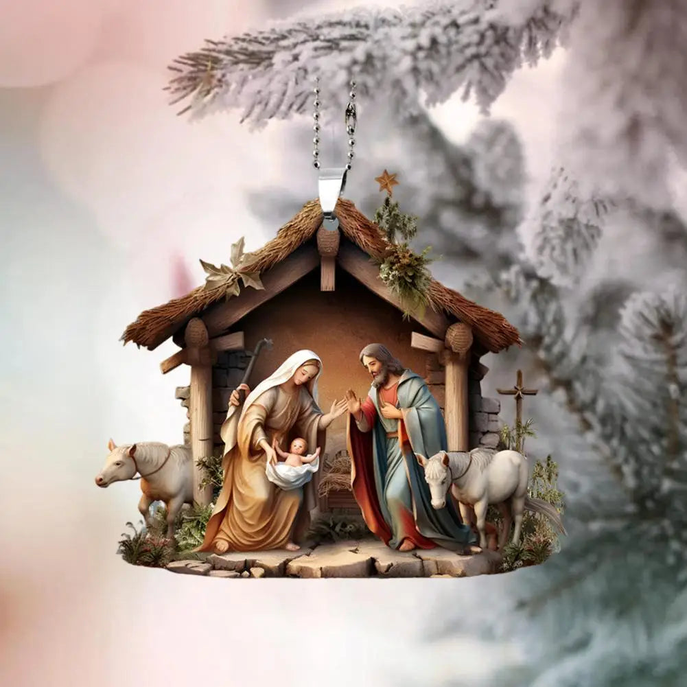 Pingente de natal ornamento jesus família cena de oração pingente brilhante colorido símbolo religioso natividade pingente para casa carro