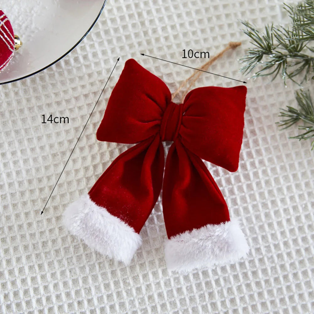 Decoração de arco de natal veludo vermelho arco nó enfeites pendurados diy árvores de natal pingente para decorações de festa em casa de férias