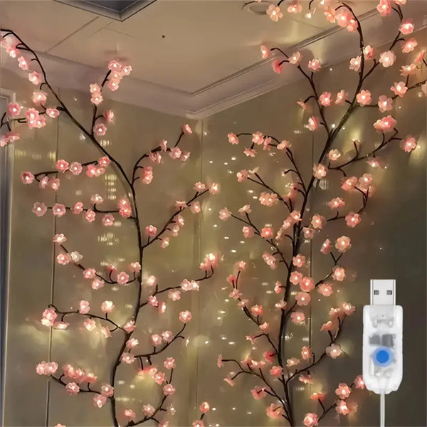 Flor de cerejeira 96 led usb ramo de árvore luzes rattan 8 modos colorido lâmpada corda dia dos namorados natal casamento decoração do quarto