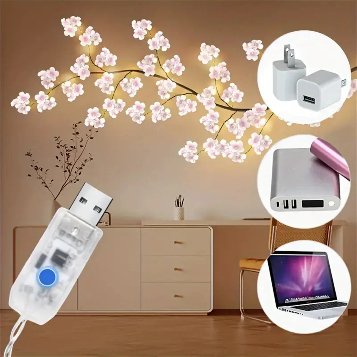 Flor de cerejeira 96 led usb ramo de árvore luzes rattan 8 modos colorido lâmpada corda dia dos namorados natal casamento decoração do quarto