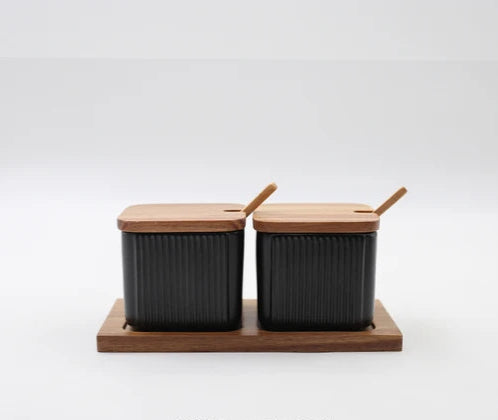 Conjunto Potes de Cerâmica e Madeira para Temperos - 2 ou 3pcs