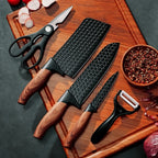 Jogo de Facas de Cozinha 5 Peças em Aço Inox com Revestimento Antiaderente, Faca de Chef, Tesoura, Descascador e Cabo de Madeira