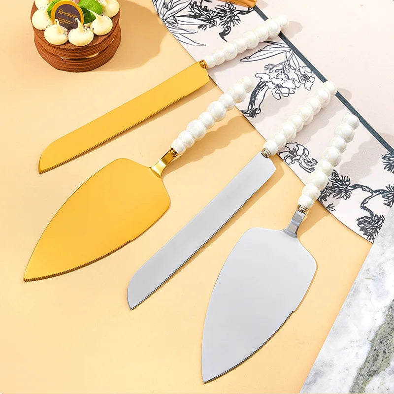 Conjunto de Faca e Espátula para Bolo Pérola em Aço Inoxidável
