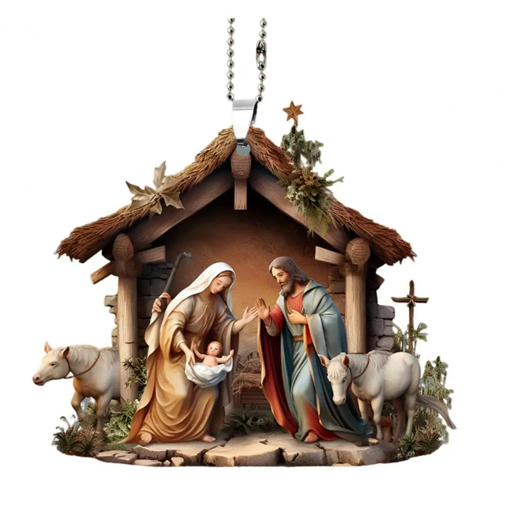 Pingente de natal ornamento jesus família cena de oração pingente brilhante colorido símbolo religioso natividade pingente para casa carro
