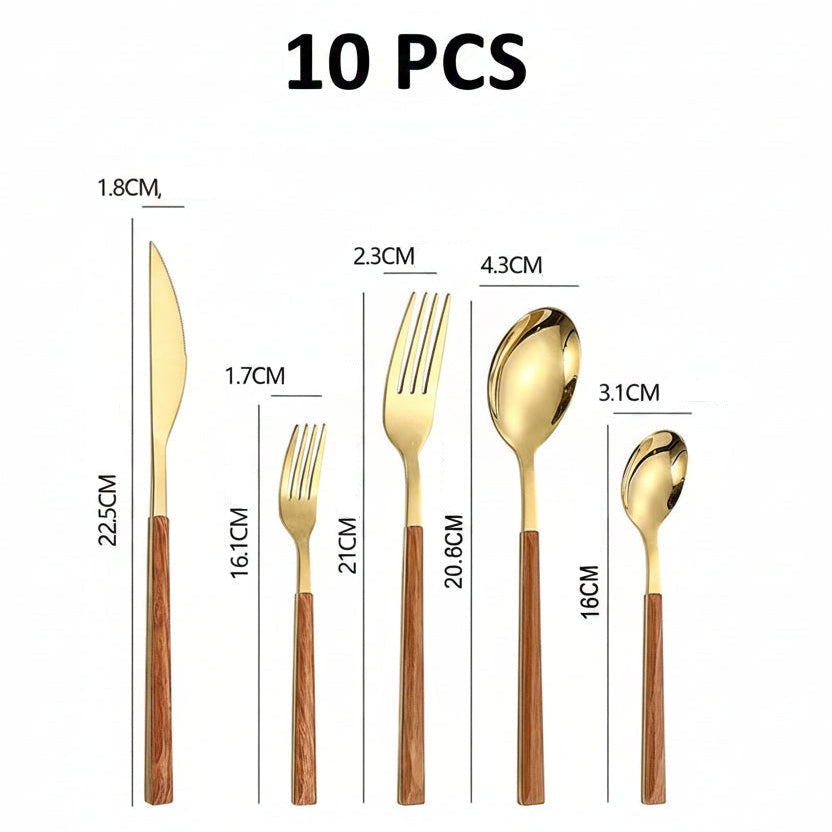 Faqueiro Luxo em Aço Inoxidável Dourado e Prata com Cabo de Madeira 5 ou 10Pcs