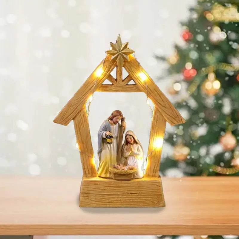 Natal presépio presépio mesa ornamento estável conjunto de natividade com luzes estátua da sagrada família manjedoura cena decoração para casa