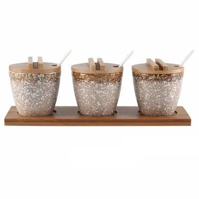 Conjunto de Potes de Cerâmica para Temperos com Tampa de Bambu