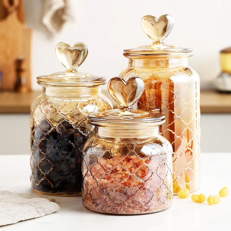 Garrafa De Armazenamento De Vidro Com Tampa, Recipiente Transparente Em Forma De Coração, Frasco De Armazenamento De Feijão De Café, Recipiente De Cozinha, Grande Capacidade, Âmbar