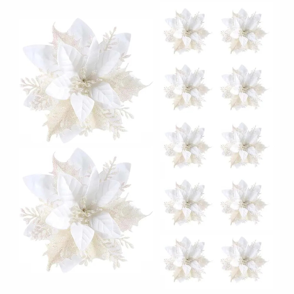 5/10 pçs 14.5cm ornamentos de flores de natal, rosa, vermelho, ouro, glitter flores artificiais para árvore de natal, decoração de natal para casa