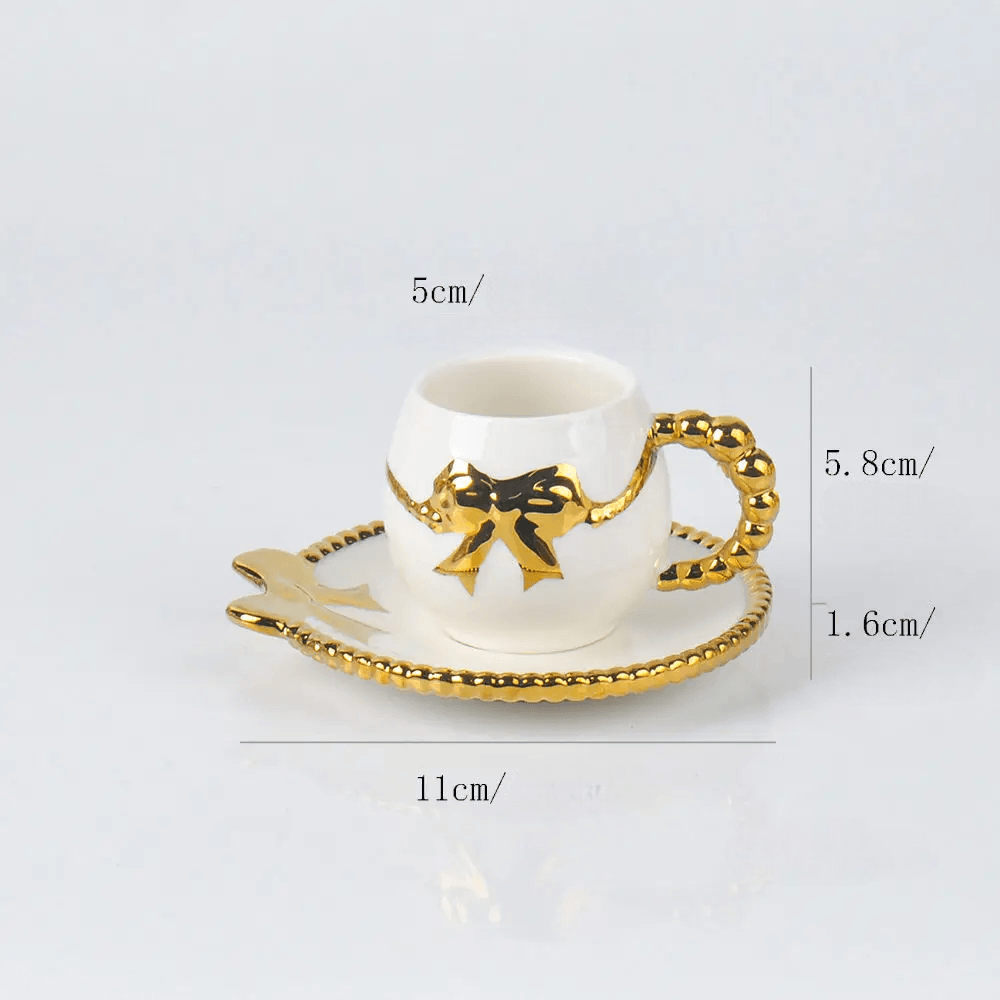 Xícara de Chá de Porcelana com Laço e Alça Dourada 90ml