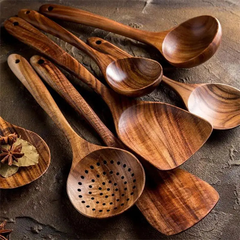 Colher De Cozinha De Teca De Madeira Natural, Ferramenta De Louça De Cozinha, Concha, Turner, Colander De Arroz, Skimmer De Sopa, Utensílios De Colher, Tailândia, 7Pcs