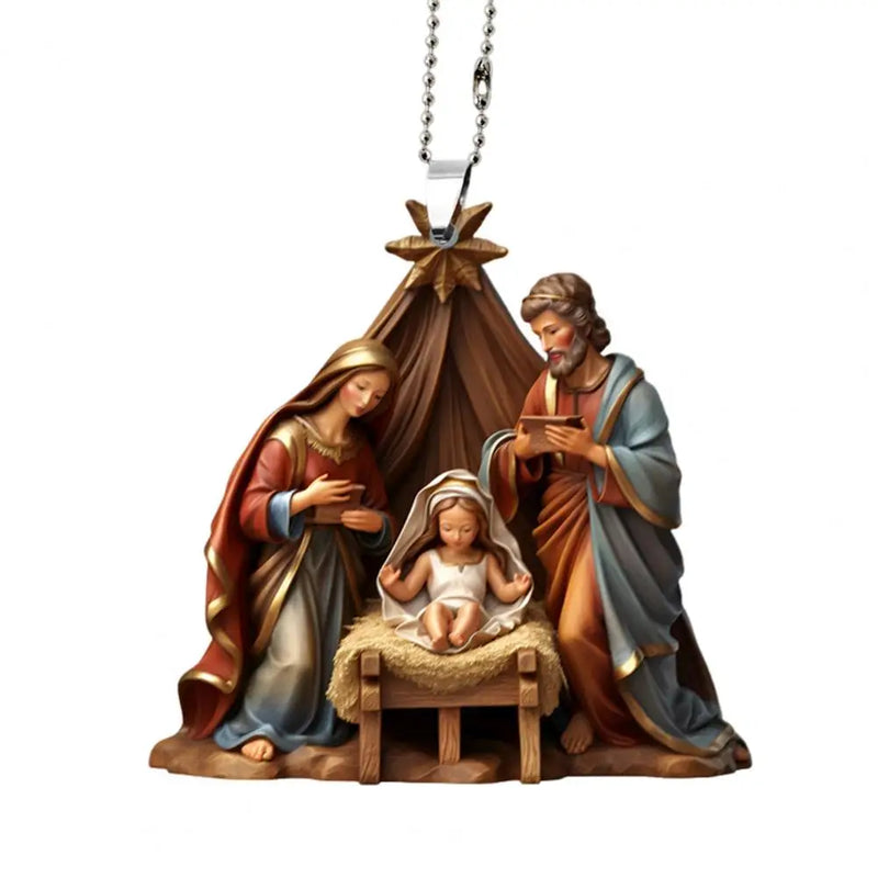Pingente de natal ornamento jesus família cena de oração pingente brilhante colorido símbolo religioso natividade pingente para casa carro
