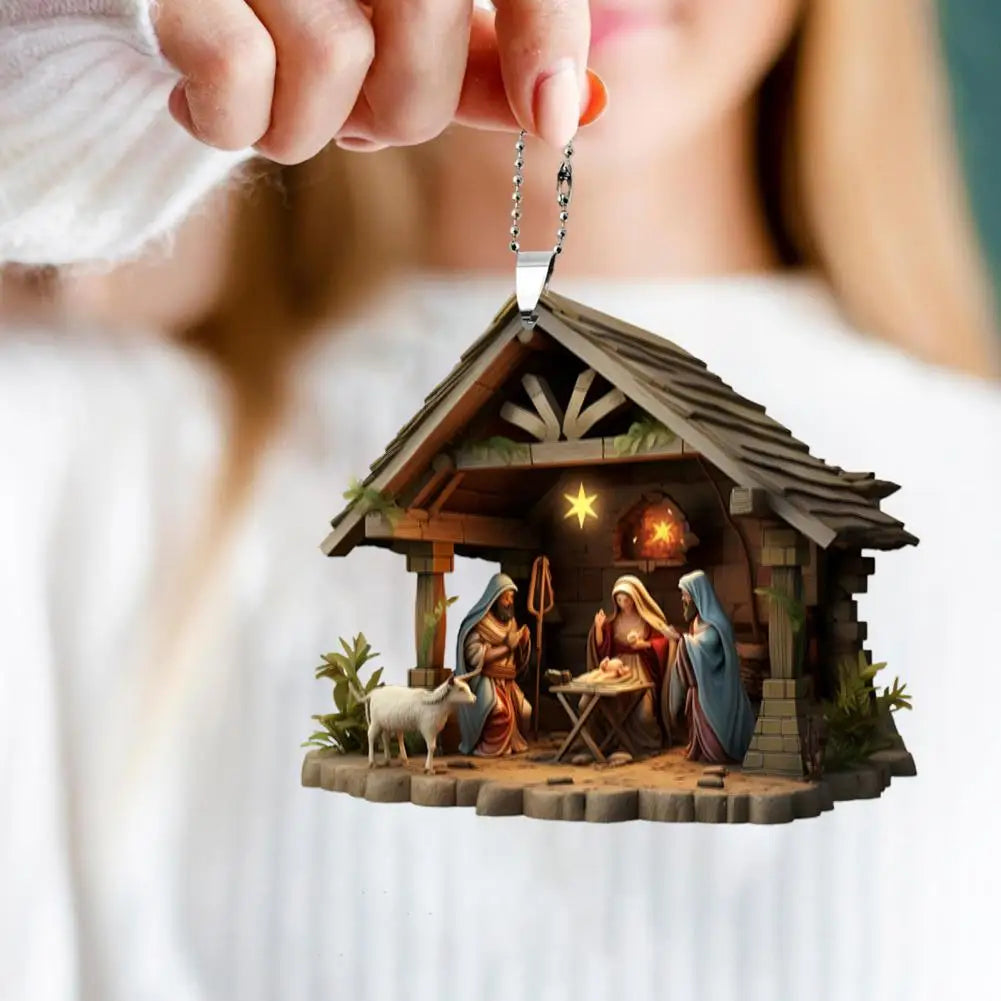 Pingente de natal ornamento jesus família cena de oração pingente brilhante colorido símbolo religioso natividade pingente para casa carro