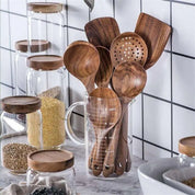 Colher De Cozinha De Teca De Madeira Natural, Ferramenta De Louça De Cozinha, Concha, Turner, Colander De Arroz, Skimmer De Sopa, Utensílios De Colher, Tailândia, 7Pcs