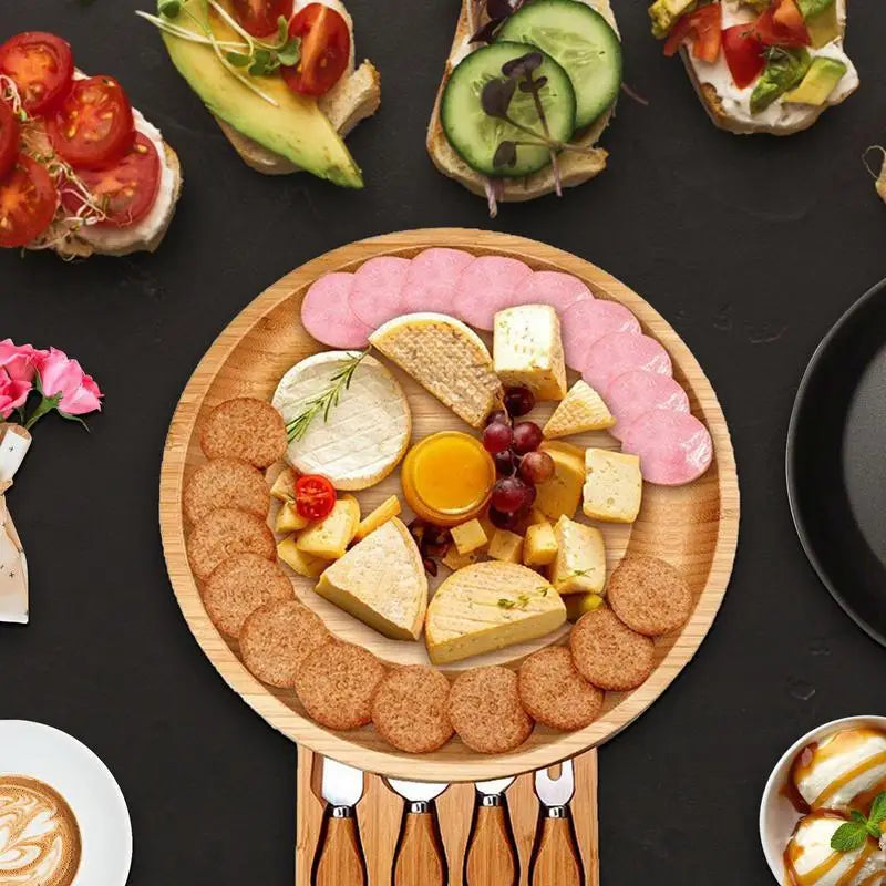 Bandeja para Frios com 4 Utensílios em Madeira Bambu