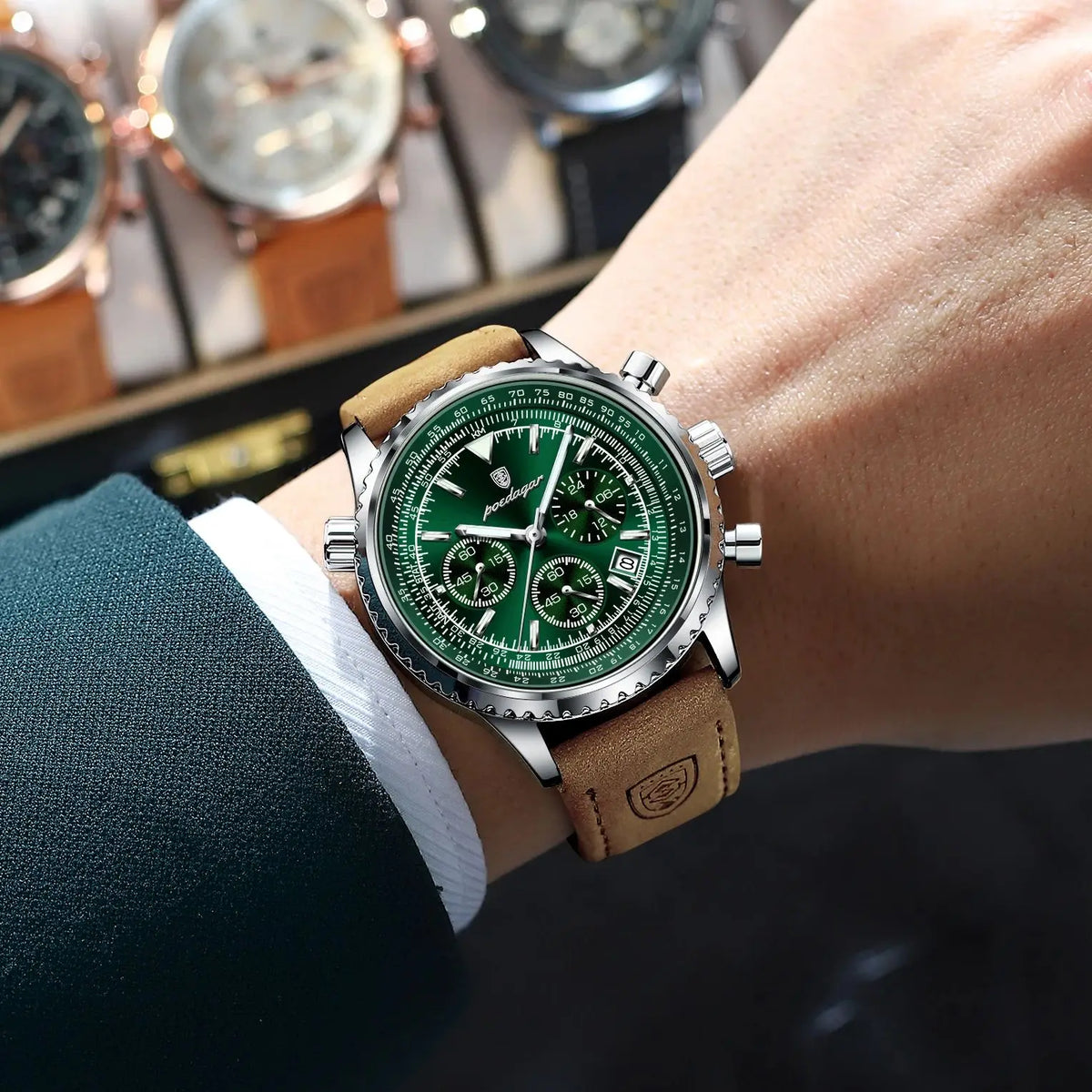 Relógio Masculino com Pulseira de Couro Cronógrafo e Data POEDAGAR