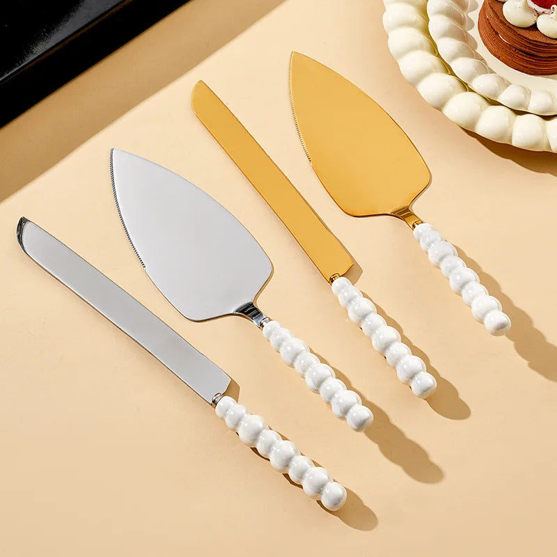 Conjunto de Faca e Espátula para Bolo Pérola em Aço Inoxidável