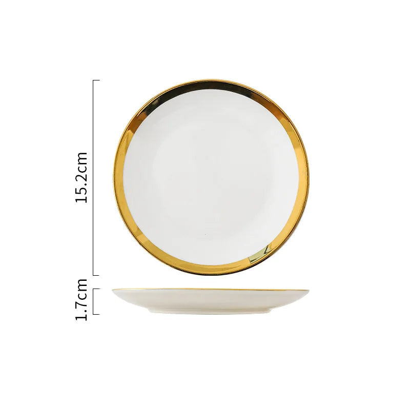 Prato de Porcelana Redondo com Borda Dourada Estilo Europeu
