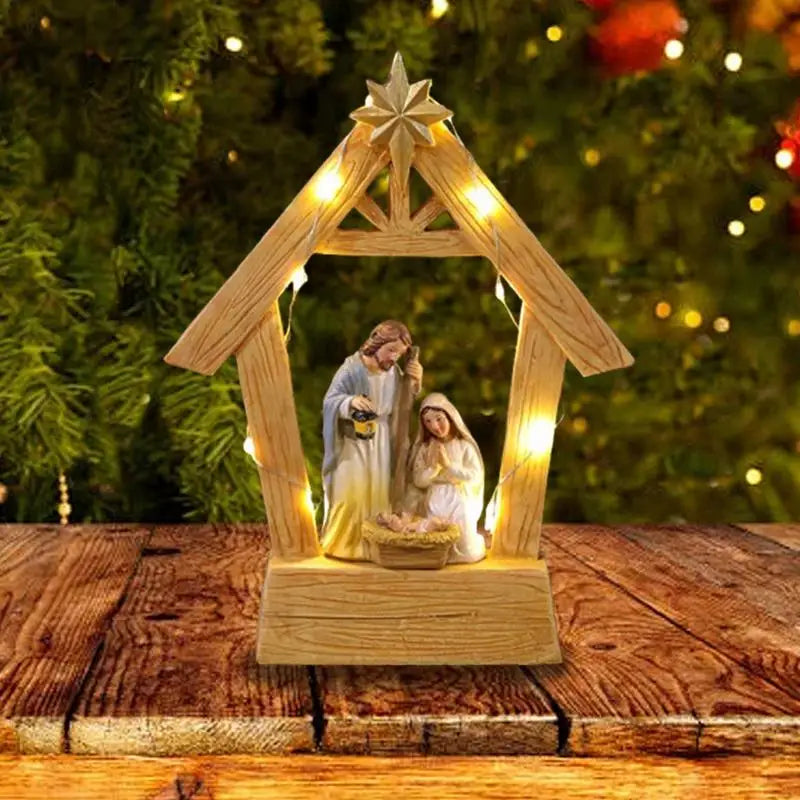 Natal presépio presépio mesa ornamento estável conjunto de natividade com luzes estátua da sagrada família manjedoura cena decoração para casa