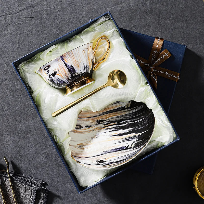 Xícara De Café De Grão De Madeira E Pires Caixa De Presente, Copo De Cerâmica Requintada High-End, conjunto De Chá Da Tarde Britânico, Premium Bone China