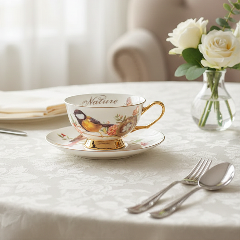 Conjunto de Xícara de Café em Porcelana com Pires Floral e Borboleta - 220ml