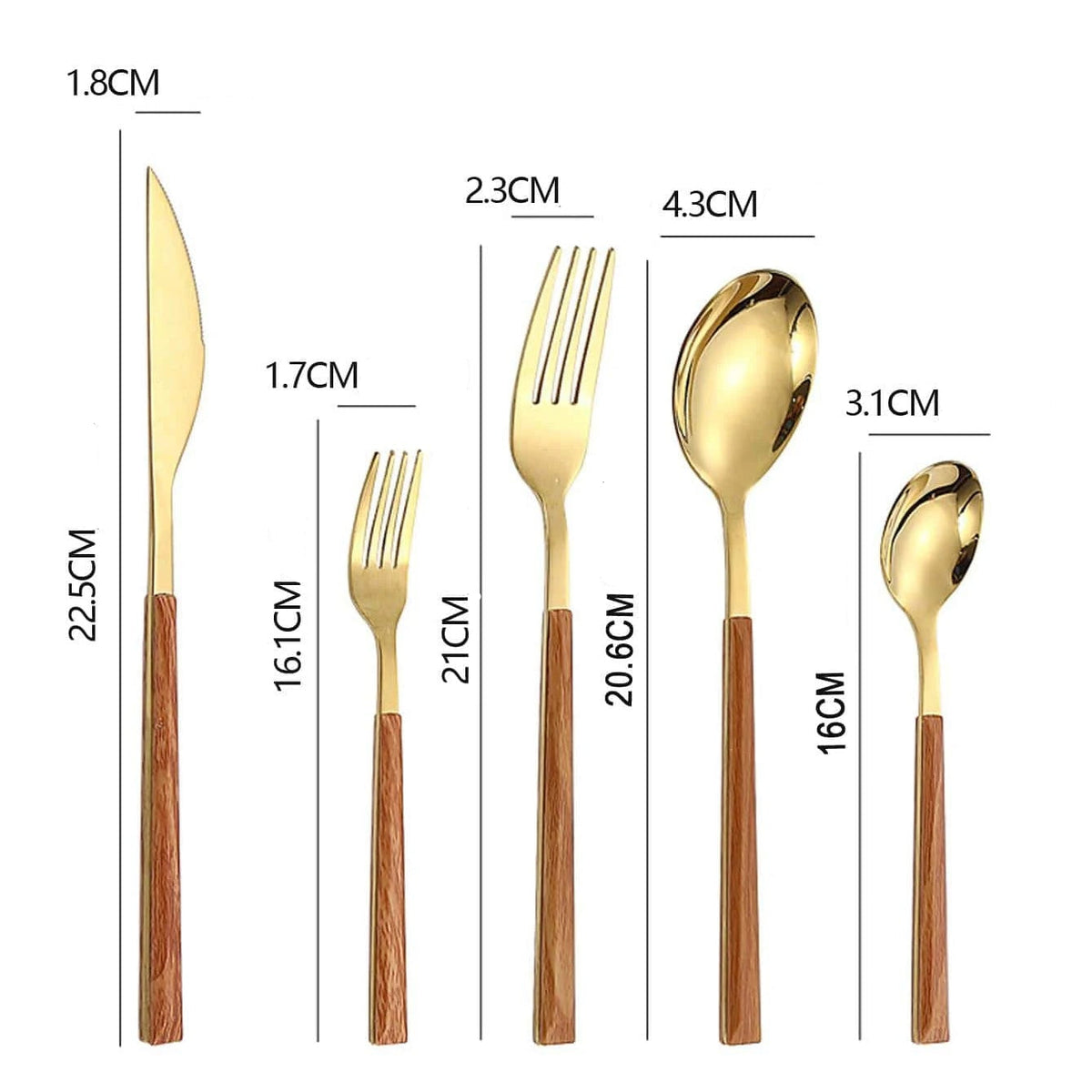 Faqueiro Luxo em Aço Inoxidável Dourado e Prata com Cabo de Madeira 5 ou 10Pcs