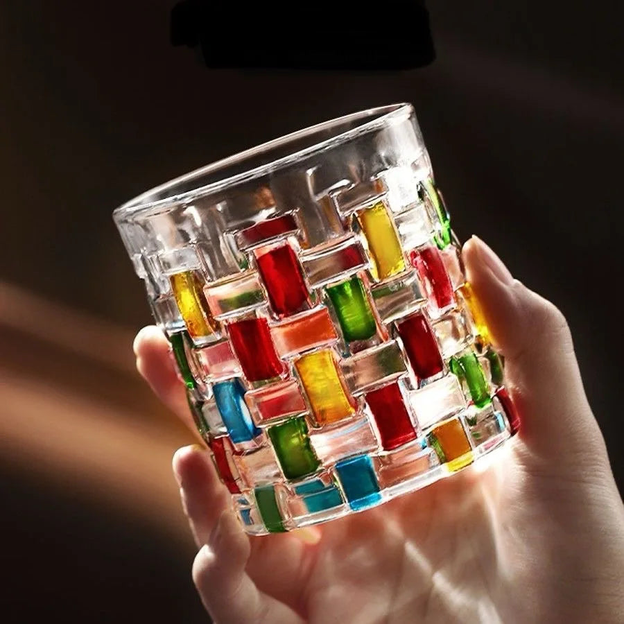Copo de Vidro Formato Quadrados Colorido
