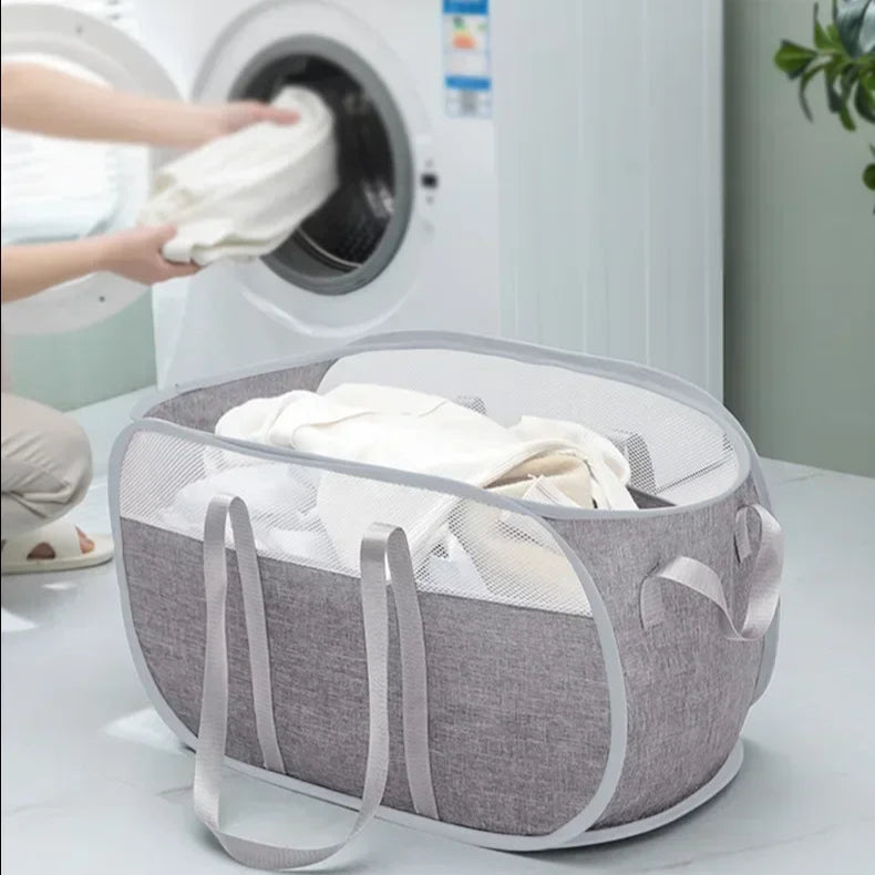 Cesto de Lavanderia Dobrável em Malha com Alças Resistentes
