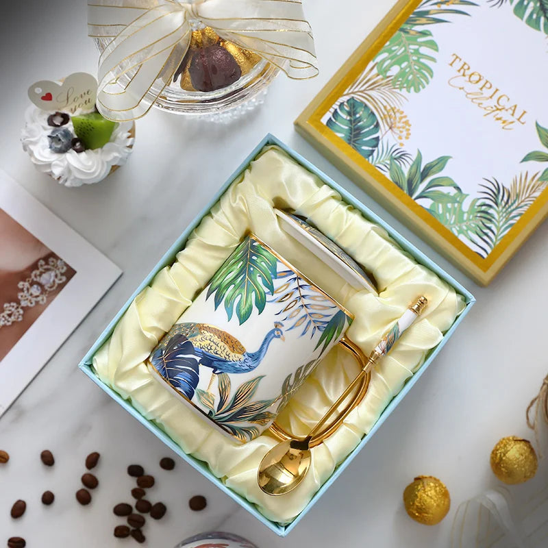 Conjunto de caneca de cerâmica de luxo com tampa e colher padrão animal xícara de café para leite água potável chá festa casa drinkware caixa de presente