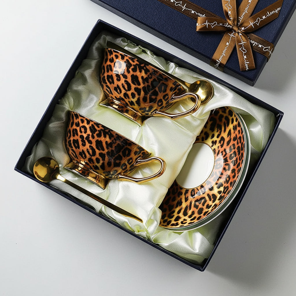 Conjunto Xícara Leopardo Vintage em Porcelana 200ml