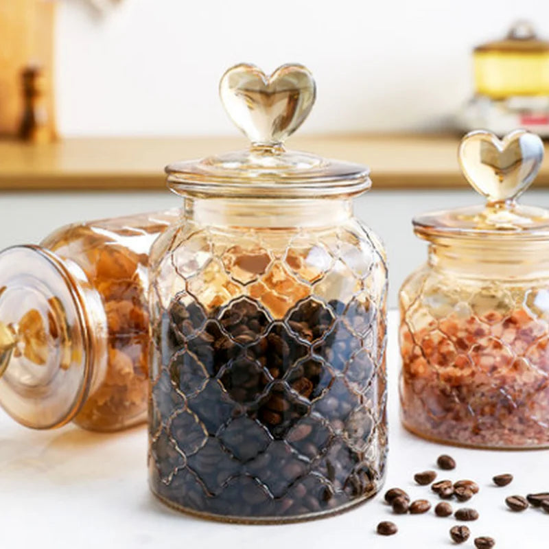 Garrafa De Armazenamento De Vidro Com Tampa, Recipiente Transparente Em Forma De Coração, Frasco De Armazenamento De Feijão De Café, Recipiente De Cozinha, Grande Capacidade, Âmbar