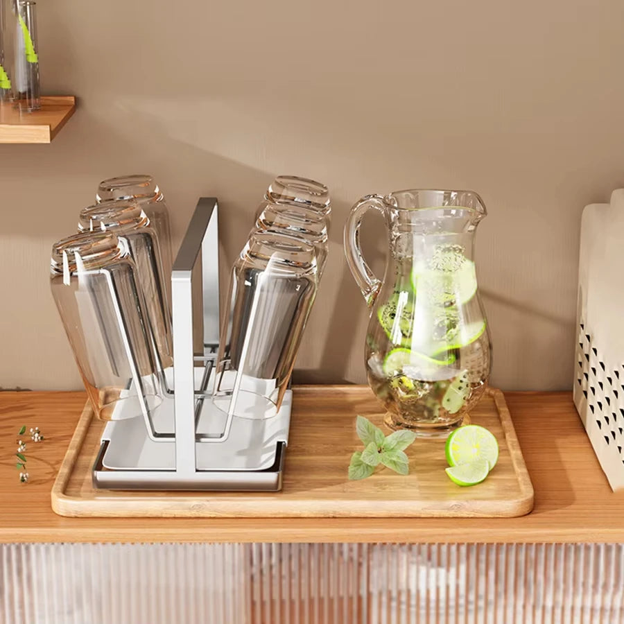 Rack de drenagem de copos com 6 espaços, material de aço inoxidável, suporte de copo, copo de vidro, rack de armazenamento, barra de cozinha, organizador de copos de mesa