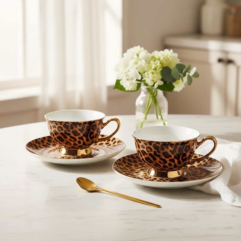Conjunto Xícara Leopardo Vintage em Porcelana 200ml