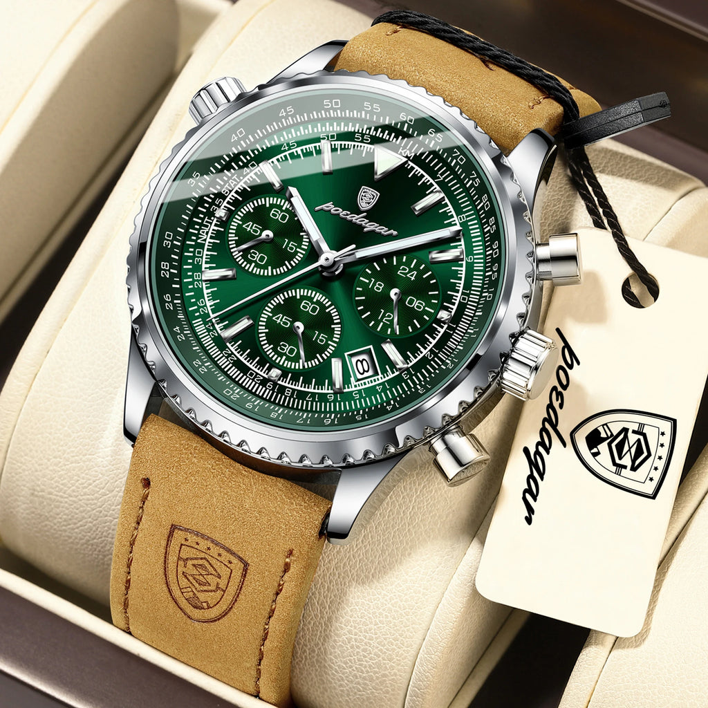 Relógio Masculino com Pulseira de Couro Cronógrafo e Data POEDAGAR