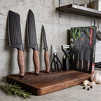 Jogo de Facas de Cozinha 5 Peças em Aço Inox com Revestimento Antiaderente, Faca de Chef, Tesoura, Descascador e Cabo de Madeira