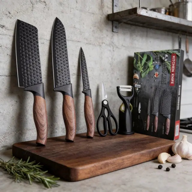 Jogo de Facas de Cozinha 5 Peças em Aço Inox com Revestimento Antiaderente, Faca de Chef, Tesoura, Descascador e Cabo de Madeira
