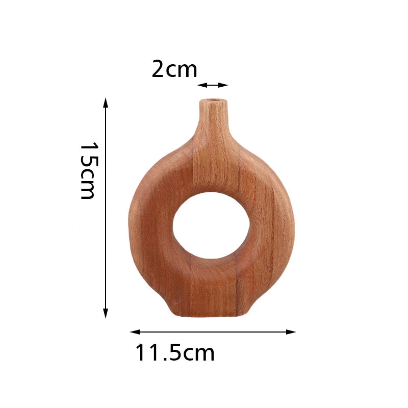 Vaso de madeira sólida estilo nórdico, vaso de flores com design de rosquinha, recipiente de arranjo de flores secas, ornamento, mesa de sala de estar, decoração de casa, 1 peça