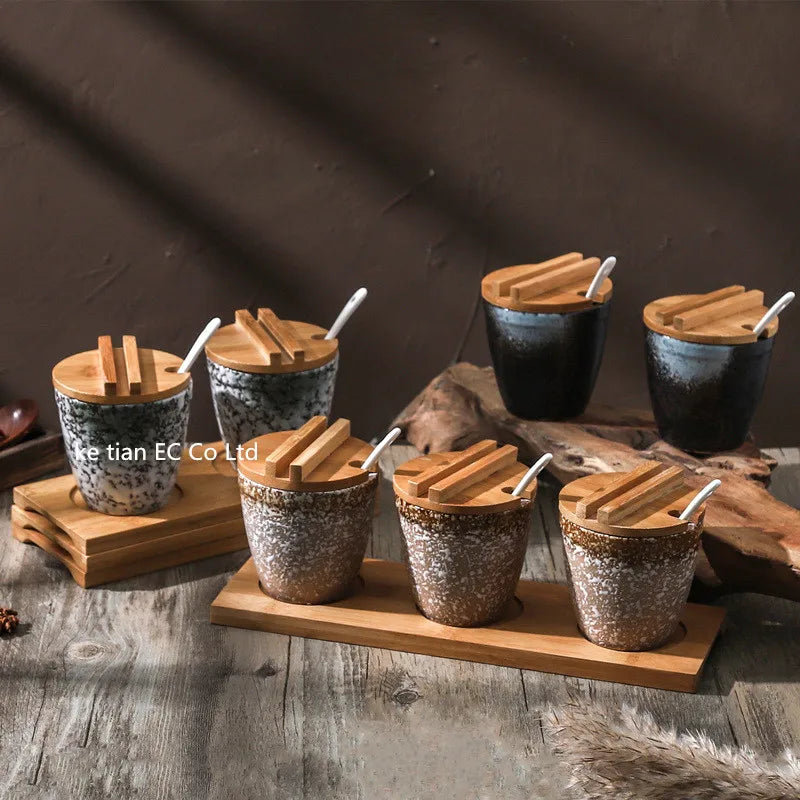 Conjunto de Potes de Cerâmica para Temperos com Tampa de Bambu