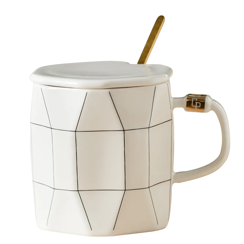 Caneca de café geométrica criativa com tampa e colher, grande capacidade simples, xícara de chá de café da manhã de cerâmica, presente para amigo, 450ml