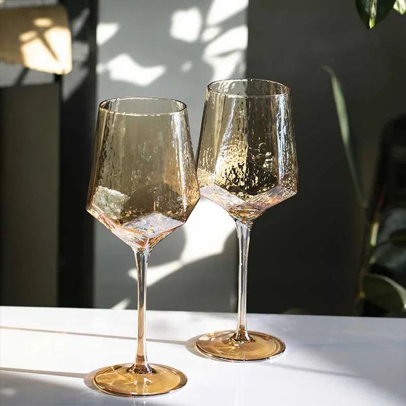 Cálice de champanhe sem chumbo, copos de vinho coloridos, cristal, diamante martelado, copo de uísque, norte da Europa luxo, âmbar dourado, casa