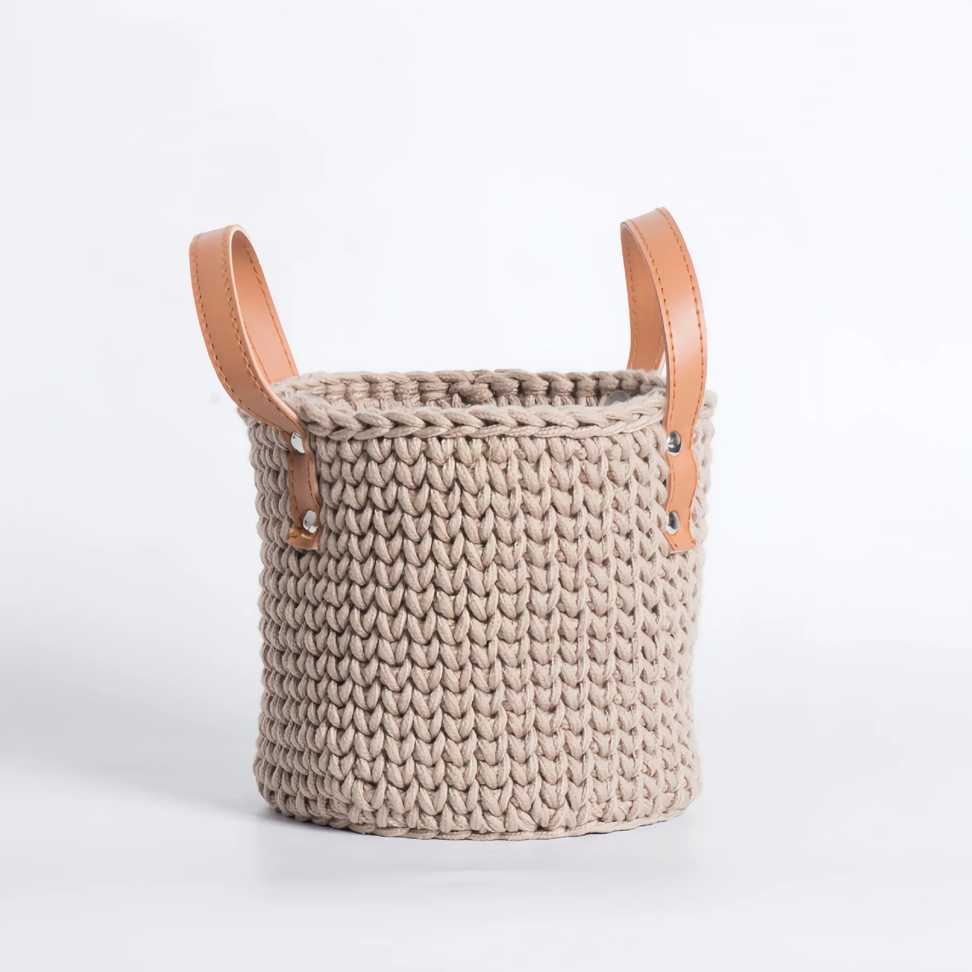 Cesta de armazenamento com alça de couro tricotada à mão, cesta de tecido de corda de algodão, cesta de armazenamento doméstico, desktop, cestas de flores criativas