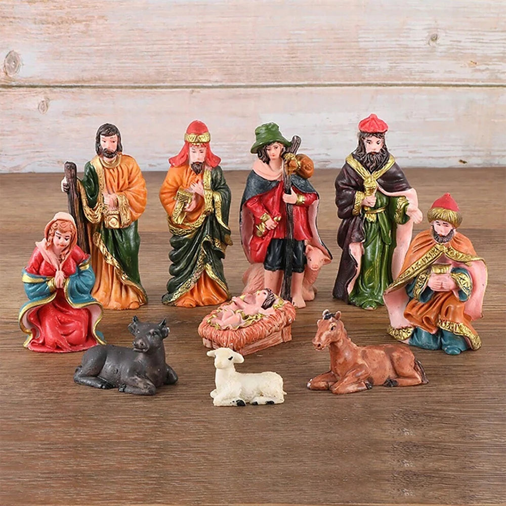 Conjunto de estatuetas de presépio de Natal com 10 peças, decoração de presépio de Natal, presentes, artesanato