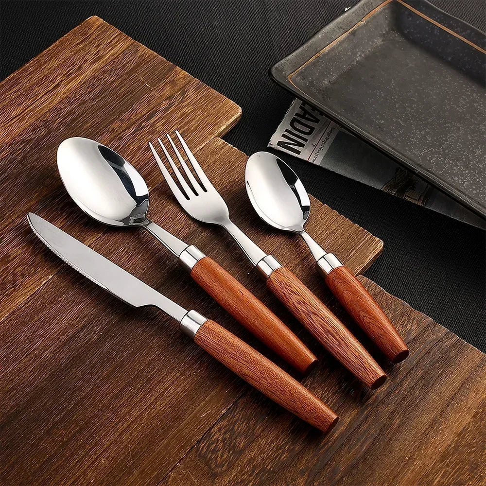 Talheres Luxo Inox & Madeira - 4 Peças