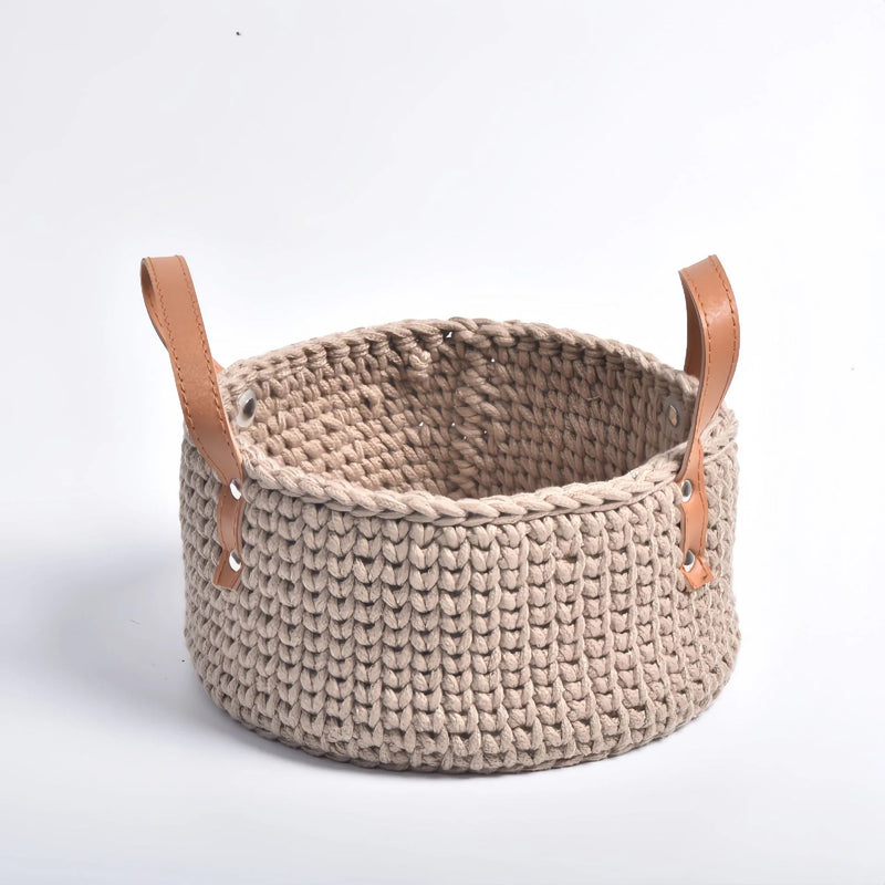 Cesta de armazenamento com alça de couro tricotada à mão, cesta de tecido de corda de algodão, cesta de armazenamento doméstico, desktop, cestas de flores criativas