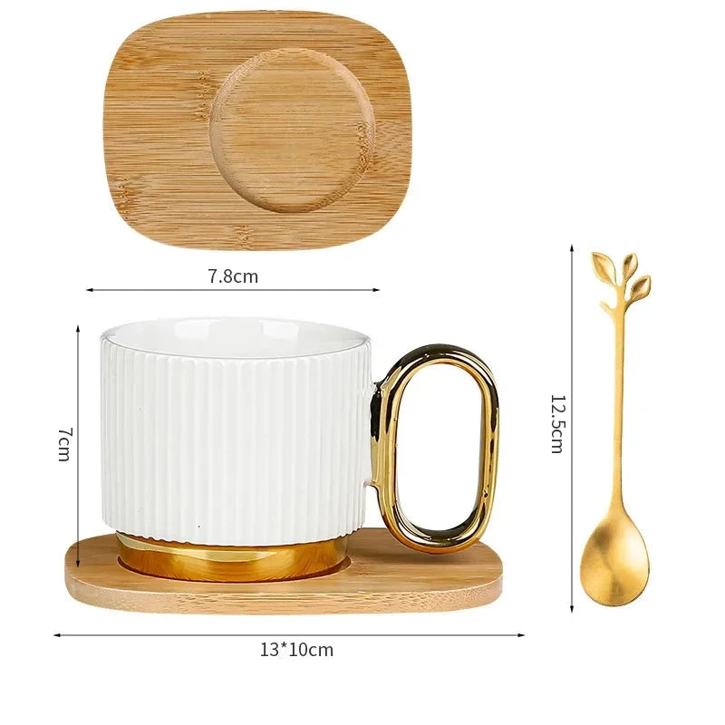 Kit Caneca Listrada Cerâmica e Madeira - 3pcs