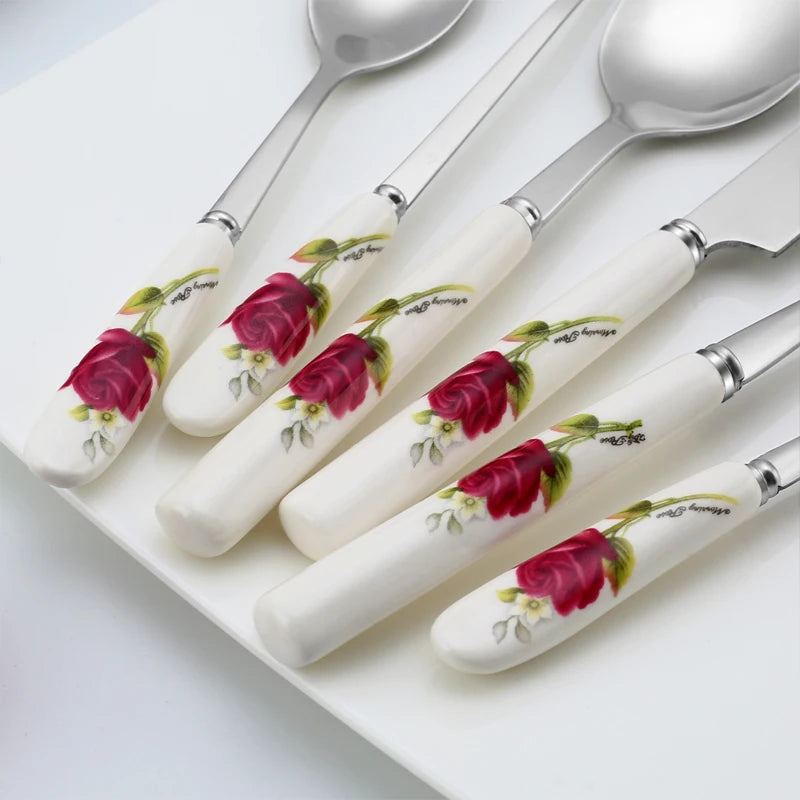 Conjunto Talheres Rosas Pintada 8 ou 10pcs